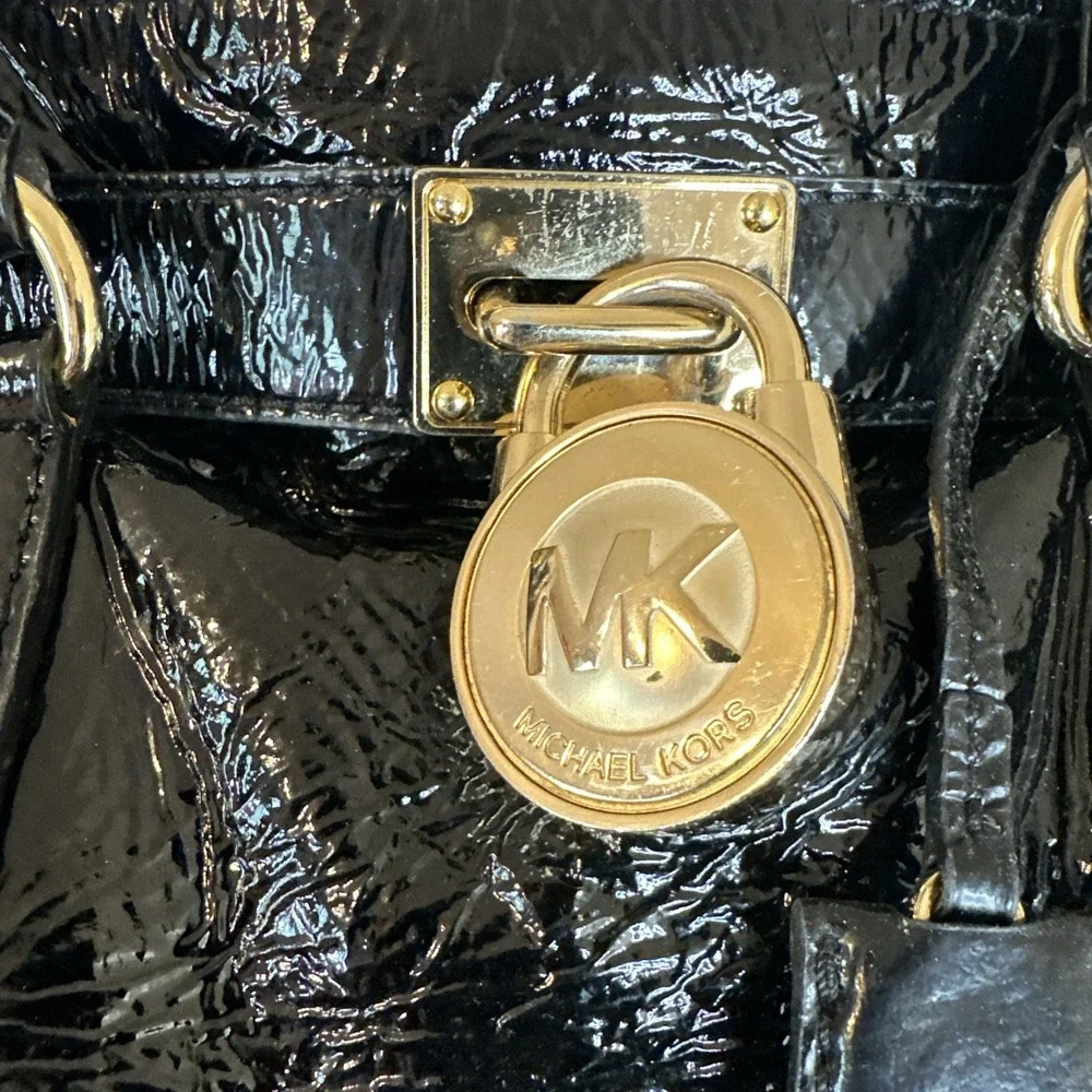 Michael Kors Black Large Satchel Top Handle Lock Chain Strap Gold Hardware